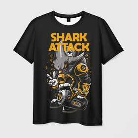 Мужская футболка 3D с принтом Shark blast в Курске, 100% полиэфир | прямой крой, круглый вырез горловины, длина до линии бедер | attack | shark | акула | опасность | панк | рыба | хищник | черная