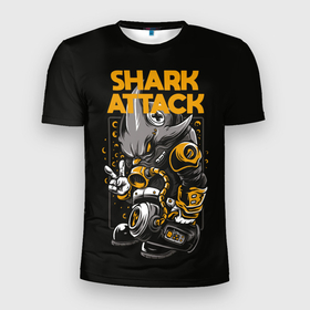 Мужская футболка 3D Slim с принтом Shark blast в Курске, 100% полиэстер с улучшенными характеристиками | приталенный силуэт, круглая горловина, широкие плечи, сужается к линии бедра | attack | shark | акула | опасность | панк | рыба | хищник | черная