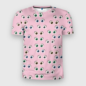 Мужская футболка 3D Slim с принтом Мультяшные глаза паттерн в Новосибирске, 100% полиэстер с улучшенными характеристиками | приталенный силуэт, круглая горловина, широкие плечи, сужается к линии бедра | глаза | мультяшные глаза | мультяшный стиль | паттерн | разноцветные глаза | розовый