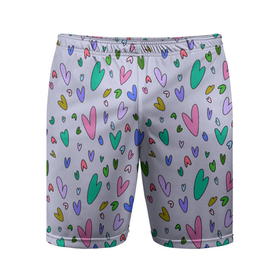 Мужские шорты спортивные с принтом Сиреневые сердечки ,  |  | зелёные сердечки | пастельные цвета | пижама в сердечках | разноцветные сердечки | розовые сердечки | сердечки | сиреневые сердечки