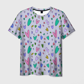 Мужская футболка 3D с принтом Сиреневые сердечки в Екатеринбурге, 100% полиэфир | прямой крой, круглый вырез горловины, длина до линии бедер | Тематика изображения на принте: зелёные сердечки | пастельные цвета | пижама в сердечках | разноцветные сердечки | розовые сердечки | сердечки | сиреневые сердечки