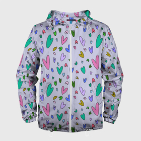 Мужская ветровка 3D с принтом Сиреневые сердечки в Белгороде, 100% полиэстер | подол и капюшон оформлены резинкой с фиксаторами, два кармана без застежек по бокам, один потайной карман на груди | зелёные сердечки | пастельные цвета | пижама в сердечках | разноцветные сердечки | розовые сердечки | сердечки | сиреневые сердечки