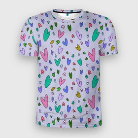 Мужская футболка 3D Slim с принтом Сиреневые сердечки , 100% полиэстер с улучшенными характеристиками | приталенный силуэт, круглая горловина, широкие плечи, сужается к линии бедра | зелёные сердечки | пастельные цвета | пижама в сердечках | разноцветные сердечки | розовые сердечки | сердечки | сиреневые сердечки