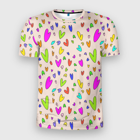 Мужская футболка 3D Slim с принтом Яркие розовые сердечки в Новосибирске, 100% полиэстер с улучшенными характеристиками | приталенный силуэт, круглая горловина, широкие плечи, сужается к линии бедра | любовь | много сердечек | разноцветные сердца | розовые сердечки | цвета радуги | яркие сердечки