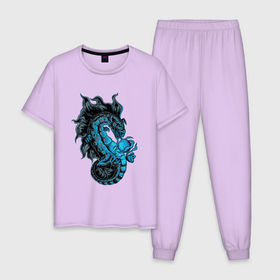 Мужская пижама хлопок с принтом Голубой дракон в Кировске, 100% хлопок | брюки и футболка прямого кроя, без карманов, на брюках мягкая резинка на поясе и по низу штанин
 | dragon | monster | дракон | мифология | монстр