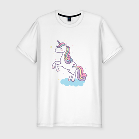 Мужская футболка хлопок Slim с принтом Радужный единорожка в Новосибирске, 92% хлопок, 8% лайкра | приталенный силуэт, круглый вырез ворота, длина до линии бедра, короткий рукав | horse | kawaii | unicorn | единорог | единорожка | конь | лошадь | пони | радуга | рог | цветной
