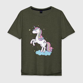 Мужская футболка хлопок Oversize с принтом Радужный единорожка в Новосибирске, 100% хлопок | свободный крой, круглый ворот, “спинка” длиннее передней части | Тематика изображения на принте: horse | kawaii | unicorn | единорог | единорожка | конь | лошадь | пони | радуга | рог | цветной