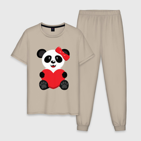 Мужская пижама хлопок с принтом Панда с сердцем  на прозрачном фоне в Кировске, 100% хлопок | брюки и футболка прямого кроя, без карманов, на брюках мягкая резинка на поясе и по низу штанин
 | Тематика изображения на принте: бамбук | бамбуковый медведь | животное | зверь | любовь | медведь | панда | сердце