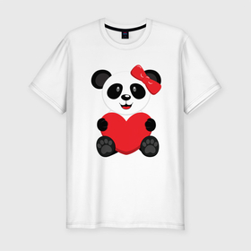 Мужская футболка хлопок Slim с принтом Панда с сердцем  на прозрачном фоне в Кировске, 92% хлопок, 8% лайкра | приталенный силуэт, круглый вырез ворота, длина до линии бедра, короткий рукав | Тематика изображения на принте: бамбук | бамбуковый медведь | животное | зверь | любовь | медведь | панда | сердце