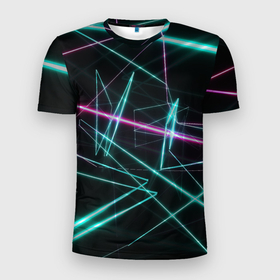 Мужская футболка 3D Slim с принтом Лазерная композиция в Санкт-Петербурге, 100% полиэстер с улучшенными характеристиками | приталенный силуэт, круглая горловина, широкие плечи, сужается к линии бедра | Тематика изображения на принте: lazer | neon | neonligh | лазер | лазерный свет | неон