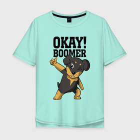 Мужская футболка хлопок Oversize с принтом Okay boomer в Екатеринбурге, 100% хлопок | свободный крой, круглый ворот, “спинка” длиннее передней части | dog | ears | eyes | gesture | humor | hype | joke | meme | muzzle | paws | tail | глаза | лапы | мем | собака | уши | хайп | хвост | шутка | щенок | юмор