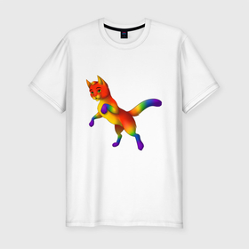 Мужская футболка хлопок Slim с принтом Разноцветный котёнок в Екатеринбурге, 92% хлопок, 8% лайкра | приталенный силуэт, круглый вырез ворота, длина до линии бедра, короткий рукав | животные | котята | кошки | мультяшки | радуга