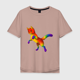 Мужская футболка хлопок Oversize с принтом Разноцветный котёнок в Кировске, 100% хлопок | свободный крой, круглый ворот, “спинка” длиннее передней части | животные | котята | кошки | мультяшки | радуга