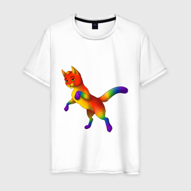 Мужская футболка хлопок с принтом Разноцветный котёнок в Санкт-Петербурге, 100% хлопок | прямой крой, круглый вырез горловины, длина до линии бедер, слегка спущенное плечо. | животные | котята | кошки | мультяшки | радуга