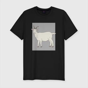 Мужская футболка хлопок Slim с принтом Козленок в Новосибирске, 92% хлопок, 8% лайкра | приталенный силуэт, круглый вырез ворота, длина до линии бедра, короткий рукав | в прямоугольнике | домашний скот | животные | иллюстрация | козел | рисунок | серый | скотина