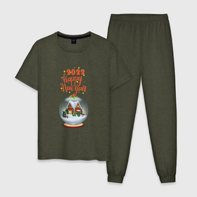 Мужская пижама хлопок с принтом 2022 новый год со стеклянным шаром в Тюмени, 100% хлопок | брюки и футболка прямого кроя, без карманов, на брюках мягкая резинка на поясе и по низу штанин
 | дом | елка | новый год | снег | снеговик | стеклянный шар | текст | ягода