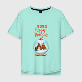 Мужская футболка хлопок Oversize с принтом 2022 новый год со стеклянным шаром в Курске, 100% хлопок | свободный крой, круглый ворот, “спинка” длиннее передней части | дом | елка | новый год | снег | снеговик | стеклянный шар | текст | ягода