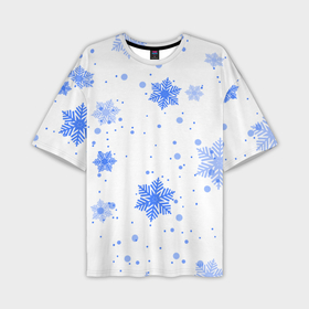 Мужская футболка OVERSIZE 3D с принтом голубые снежинки падают в Курске,  |  | big picture | новый год | снежинки | текстуры | тренды | узоры