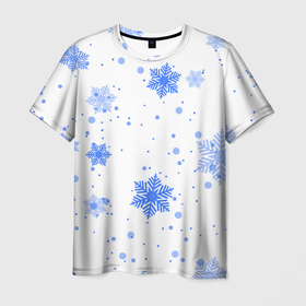 Мужская футболка 3D с принтом голубые снежинки падают в Тюмени, 100% полиэфир | прямой крой, круглый вырез горловины, длина до линии бедер | big picture | новый год | снежинки | текстуры | тренды | узоры