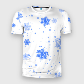 Мужская футболка 3D Slim с принтом голубые снежинки падают в Тюмени, 100% полиэстер с улучшенными характеристиками | приталенный силуэт, круглая горловина, широкие плечи, сужается к линии бедра | big picture | новый год | снежинки | текстуры | тренды | узоры