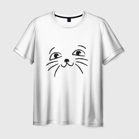 Мужская футболка 3D с принтом Милый котик на белом , 100% полиэфир | прямой крой, круглый вырез горловины, длина до линии бедер | животные | звери | киса | кот | котэ | кошак | кошка | мяу | природа
