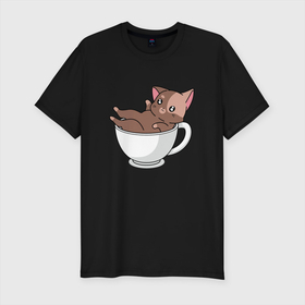 Мужская футболка хлопок Slim с принтом Милый Котик в чашке , 92% хлопок, 8% лайкра | приталенный силуэт, круглый вырез ворота, длина до линии бедра, короткий рукав | cat | kawaii | kitten | kitty | pussycat | кот | котенок | котик | кошачьи | кошка | милый