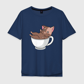 Мужская футболка хлопок Oversize с принтом Милый Котик в чашке , 100% хлопок | свободный крой, круглый ворот, “спинка” длиннее передней части | cat | kawaii | kitten | kitty | pussycat | кот | котенок | котик | кошачьи | кошка | милый
