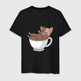 Мужская футболка хлопок с принтом Милый Котик в чашке в Белгороде, 100% хлопок | прямой крой, круглый вырез горловины, длина до линии бедер, слегка спущенное плечо. | cat | kawaii | kitten | kitty | pussycat | кот | котенок | котик | кошачьи | кошка | милый