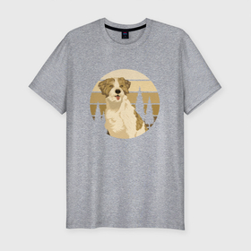 Мужская футболка хлопок Slim с принтом Собачка и лес в Новосибирске, 92% хлопок, 8% лайкра | приталенный силуэт, круглый вырез ворота, длина до линии бедра, короткий рукав | cute | dog | woof | гав | забавный | пес | песель | песик | смешной | собака | собачка | щенок