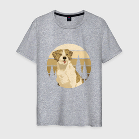 Мужская футболка хлопок с принтом Собачка и лес в Курске, 100% хлопок | прямой крой, круглый вырез горловины, длина до линии бедер, слегка спущенное плечо. | Тематика изображения на принте: cute | dog | woof | гав | забавный | пес | песель | песик | смешной | собака | собачка | щенок