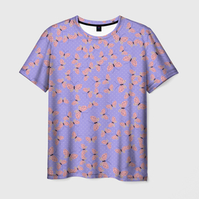 Мужская футболка 3D с принтом Бабочки паттерн лиловый в Новосибирске, 100% полиэфир | прямой крой, круглый вырез горловины, длина до линии бедер | butterfly | pantone | polka dots | very peri | бабочки | горошек | лавандовый | лиловый | нежный принт | пантон | пастельные цвета | паттерн | сиреневый