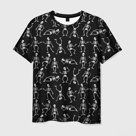 Мужская футболка 3D с принтом Скелеты в разных позах, паттерн в Петрозаводске, 100% полиэфир | прямой крой, круглый вырез горловины, длина до линии бедер | Тематика изображения на принте: паттерн | скелеты | танцующие | хэллоуин | человеческие