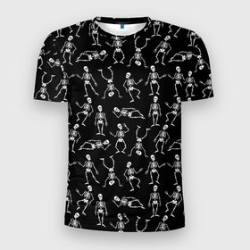 Мужская футболка 3D Slim с принтом Скелеты в разных позах, паттерн в Екатеринбурге, 100% полиэстер с улучшенными характеристиками | приталенный силуэт, круглая горловина, широкие плечи, сужается к линии бедра | Тематика изображения на принте: паттерн | скелеты | танцующие | хэллоуин | человеческие