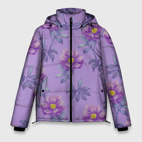 Мужская зимняя куртка 3D с принтом Цветы пиона на светло фиолетовом фоне в Белгороде, верх — 100% полиэстер; подкладка — 100% полиэстер; утеплитель — 100% полиэстер | длина ниже бедра, свободный силуэт Оверсайз. Есть воротник-стойка, отстегивающийся капюшон и ветрозащитная планка. 

Боковые карманы с листочкой на кнопках и внутренний карман на молнии. | 8 марта | flowers | leaves | peony | plants | весна | желтый | лето | листья | любовь | пион | природа | растения | фиолетовый | флора | цветы