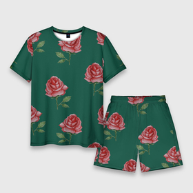 Мужской костюм с шортами 3D с принтом Ярко красные розы на темно зеленом фоне в Тюмени,  |  | 8 марта | buds | flowers | leaves | roses | бутоны | весна | зеленый | красный | лето | листья | любовь | природа | растения | роза | розы | флора | цветы