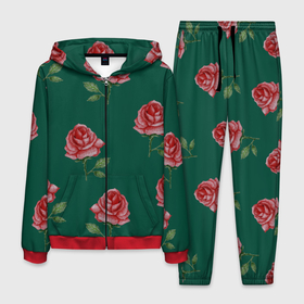 Мужской костюм 3D с принтом Ярко красные розы на темно зеленом фоне в Тюмени, 100% полиэстер | Манжеты и пояс оформлены тканевой резинкой, двухслойный капюшон со шнурком для регулировки, карманы спереди | 8 марта | buds | flowers | leaves | roses | бутоны | весна | зеленый | красный | лето | листья | любовь | природа | растения | роза | розы | флора | цветы