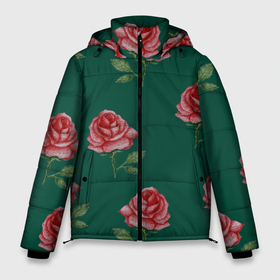 Мужская зимняя куртка 3D с принтом Ярко красные розы на темно зеленом фоне , верх — 100% полиэстер; подкладка — 100% полиэстер; утеплитель — 100% полиэстер | длина ниже бедра, свободный силуэт Оверсайз. Есть воротник-стойка, отстегивающийся капюшон и ветрозащитная планка. 

Боковые карманы с листочкой на кнопках и внутренний карман на молнии. | Тематика изображения на принте: 8 марта | buds | flowers | leaves | roses | бутоны | весна | зеленый | красный | лето | листья | любовь | природа | растения | роза | розы | флора | цветы
