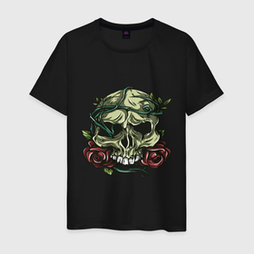 Мужская футболка хлопок с принтом Roses  boneS в Тюмени, 100% хлопок | прямой крой, круглый вырез горловины, длина до линии бедер, слегка спущенное плечо. | bone | bones | ivy | rose | roses | skull | кости | кость | плющь | розы | цветы | череп