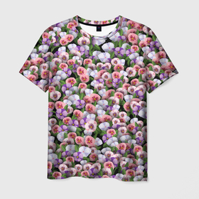 Мужская футболка 3D с принтом Чудесные фиалки в Екатеринбурге, 100% полиэфир | прямой крой, круглый вырез горловины, длина до линии бедер | 8 марта | ботаника | букет | клумба | паттерн | растения | фиалка | фиалки | флора | цветочки | цветы