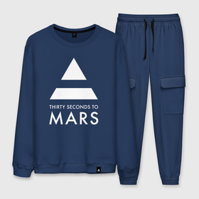 Мужской костюм хлопок с принтом 30 Seconds to Mars: 30 секунд. в Новосибирске, 100% хлопок | на свитшоте круглая горловина, мягкая резинка по низу. Брюки заужены к низу, на них два вида карманов: два “обычных” по бокам и два объемных, с клапанами, расположенные ниже линии бедра. Брюки с мягкой трикотажной резинкой на поясе и по низу штанин. В поясе для дополнительного комфорта — широкие завязки | Тематика изображения на принте: 30 seconds to mars | 30 секунд до марса | джаред лето | музыка | рок