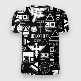Мужская футболка 3D Slim с принтом 30 Seconds to Mars: Паттерн логотипов. в Новосибирске, 100% полиэстер с улучшенными характеристиками | приталенный силуэт, круглая горловина, широкие плечи, сужается к линии бедра | 30 seconds to mars | 30 секунд до марса | джаред лето | музыка | рок
