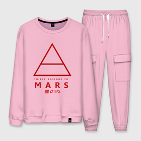 Мужской костюм хлопок с принтом 30 Seconds to Mars рок в Новосибирске, 100% хлопок | на свитшоте круглая горловина, мягкая резинка по низу. Брюки заужены к низу, на них два вида карманов: два “обычных” по бокам и два объемных, с клапанами, расположенные ниже линии бедра. Брюки с мягкой трикотажной резинкой на поясе и по низу штанин. В поясе для дополнительного комфорта — широкие завязки | Тематика изображения на принте: 30 seconds to mars | 30 секунд до марса | джаред лето | музыка | рок