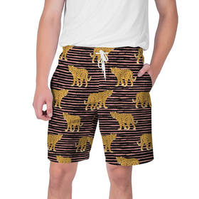 Мужские шорты 3D с принтом Леопарды паттерн в Курске,  полиэстер 100% | прямой крой, два кармана без застежек по бокам. Мягкая трикотажная резинка на поясе, внутри которой широкие завязки. Длина чуть выше колен | Тематика изображения на принте: анималистичный принт | африканские животные | барс | крупные кошки | леопард | пантера | песочный цвет | полоски | сафари | хищник