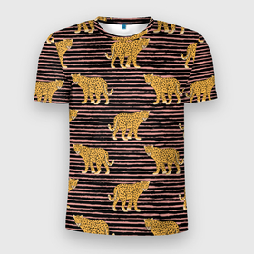 Мужская футболка 3D Slim с принтом Леопарды паттерн , 100% полиэстер с улучшенными характеристиками | приталенный силуэт, круглая горловина, широкие плечи, сужается к линии бедра | анималистичный принт | африканские животные | барс | крупные кошки | леопард | пантера | песочный цвет | полоски | сафари | хищник