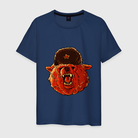 Мужская футболка хлопок с принтом Михалыч в Кировске, 100% хлопок | прямой крой, круглый вырез горловины, длина до линии бедер, слегка спущенное плечо. | bear | red star | russian | ushanka hat | звезда | красная звезда | медведь | миха | михалыч | миша | русский | ушанка | шапка