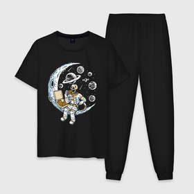 Мужская пижама хлопок с принтом Space pizza в Санкт-Петербурге, 100% хлопок | брюки и футболка прямого кроя, без карманов, на брюках мягкая резинка на поясе и по низу штанин
 | Тематика изображения на принте: astronaut | cosmos | food | hype | jaw | moon | pizza | planet | saturn | skull | space | spaceship | spacesuit | star | teeth | звезда | зубы | космический корабль | космонавт | космос | луна | пасть | пицца | пища | планета | сатурн | хайп | череп