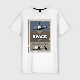 Мужская футболка хлопок Slim с принтом Space adventure a scientific odyssey в Новосибирске, 92% хлопок, 8% лайкра | приталенный силуэт, круглый вырез ворота, длина до линии бедра, короткий рукав | adventure | cosmos | flight | hype | odyssey | space | space shuttle | космос | приключение | хайп | шаттл