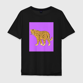 Мужская футболка хлопок Oversize с принтом Леопард на лиловом в Новосибирске, 100% хлопок | свободный крой, круглый ворот, “спинка” длиннее передней части | анималистичный принт | африканские животные | барс | крупные кошки | леопард | лиловый | пантера | сафари | сиреневый | хищник | яркий принт