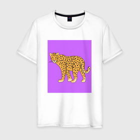 Мужская футболка хлопок с принтом Леопард на лиловом в Тюмени, 100% хлопок | прямой крой, круглый вырез горловины, длина до линии бедер, слегка спущенное плечо. | анималистичный принт | африканские животные | барс | крупные кошки | леопард | лиловый | пантера | сафари | сиреневый | хищник | яркий принт