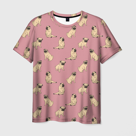 Мужская футболка 3D с принтом Мопсы паттерн в Новосибирске, 100% полиэфир | прямой крой, круглый вырез горловины, длина до линии бедер | Тематика изображения на принте: pug | декоративные породы | китайская порода | мопс | мопсы | паттерн | пепельно розовый | приглушенные цвета | собака | собачка